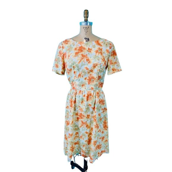 Vintage 1960s Sheath Dress Orange Floral Mid Century Pin Up | W 29" - Picture 10 of 10